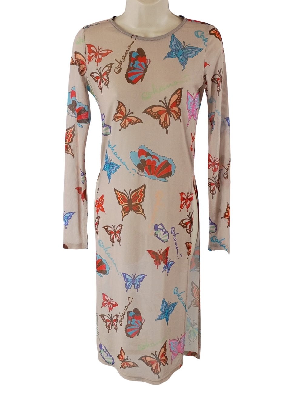 Beige Long-Sleeve Semi Sheer Butterfly Print Cover Up Dress